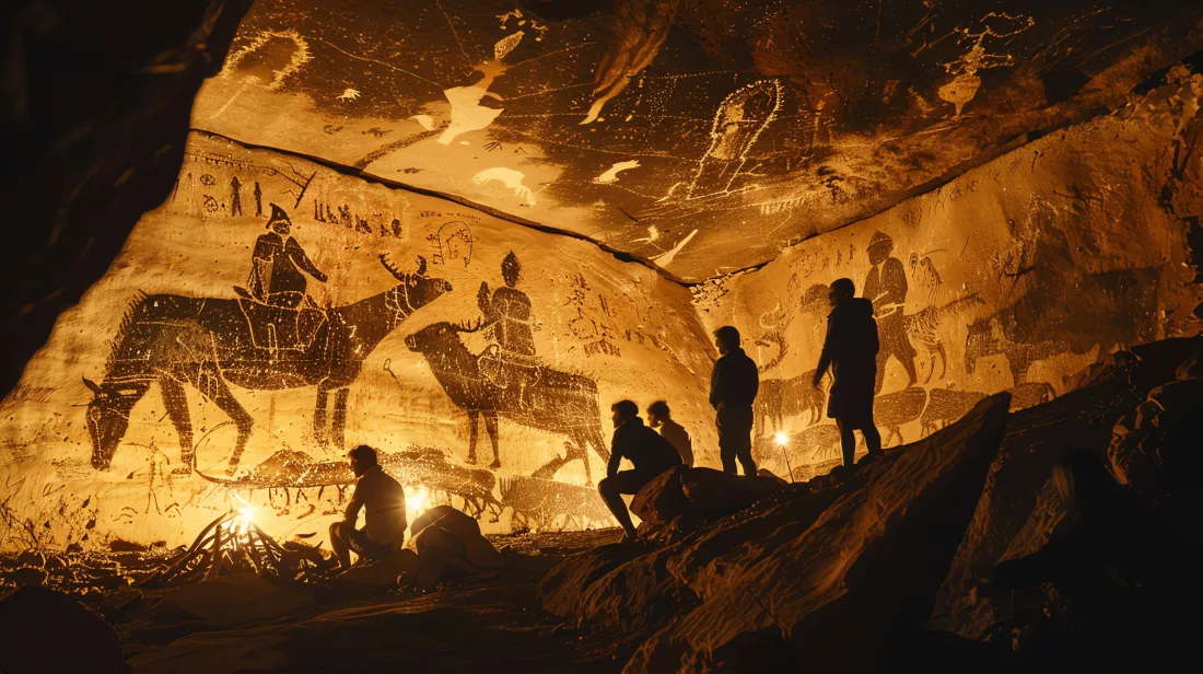 people-silhouetted-against-ancient-cave-painting